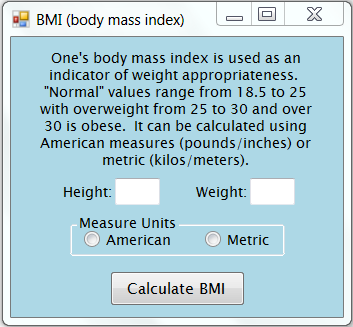 VB form for body mass index calculation