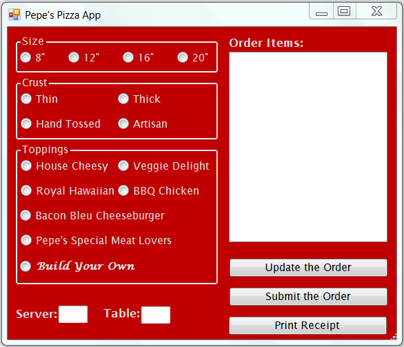 VB form for a pizza ordering app