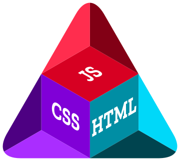 a colorful cube with sides, labeled HTML, CSS, and JS